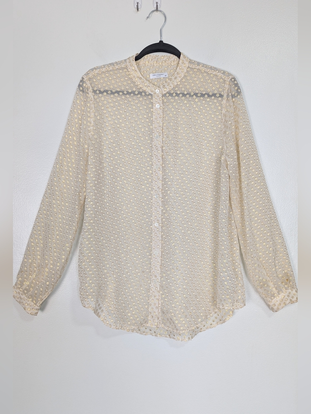 Equipment Femme Silk Metallic Sheer Cream Gold Polka Dot Button Down Blouse S